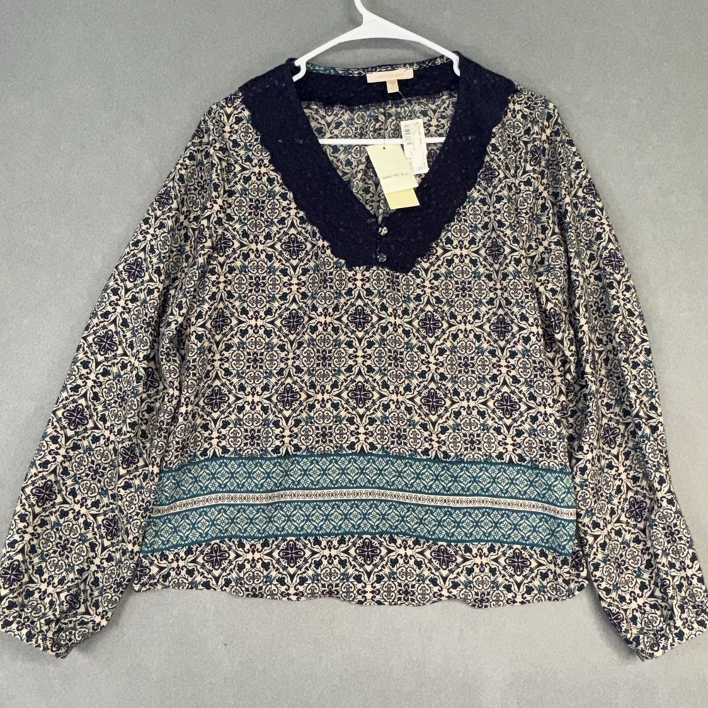 Women's Skies Are Blue Boho Peasant Embroidered Trim Blouse Top‎ Tan/Navy Size S